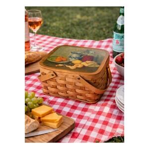 Vintage Picnic Basket w/ Beautiful Still Life Print on Cover 14" W x 11"D x 5" H